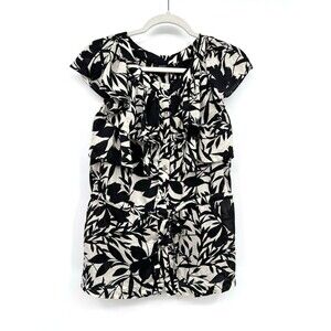 Alfani Silk Ruffle Sleeveless Top Black White Floral Romantic Career Blouse Sz S